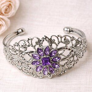 Silver Filigree Snap Charm Cuff Bracelet Amethyst Purple Rhinestone Snap
